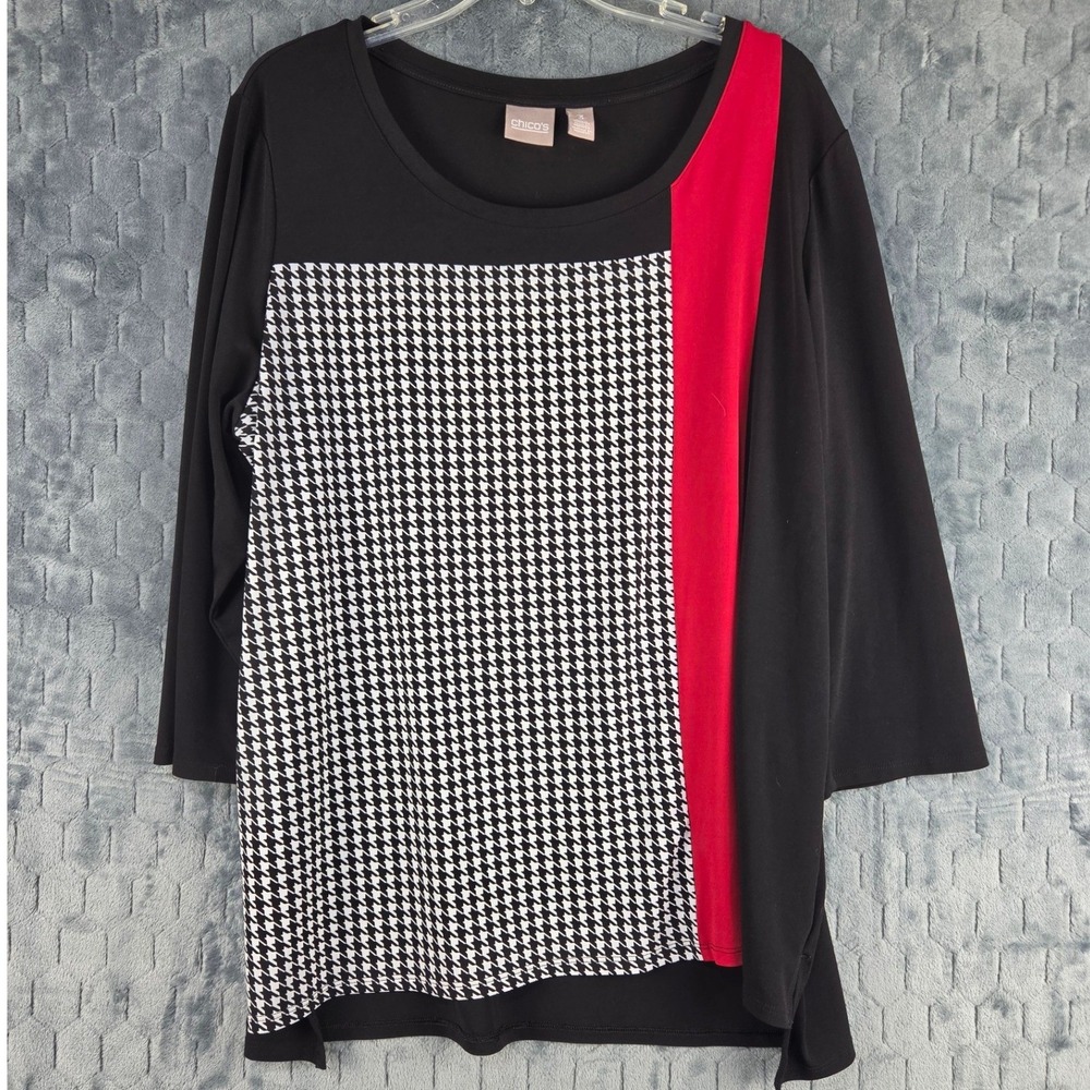 Chicos 3 Houndstooth‎ Colorblock Top Red Black White 3/4 Sleeve Asymmetrical XL